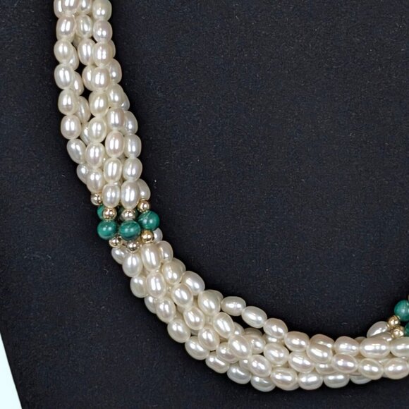 Vintage 6-Strand Freshwater Pearl & Malachite Torsade Necklace - Picture 3 of 6